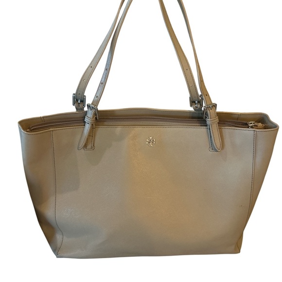 Tory Burch York Tote Bag Large Saffiano Leather Taupe Beige Double Strap Zip Top - Picture 1 of 8